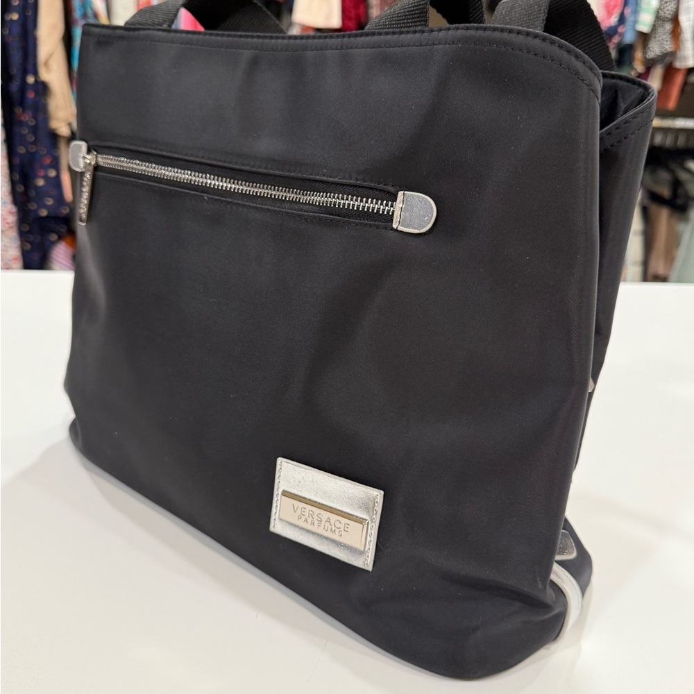 Versace Black Nylon Tote Bag | Silver Hardware Logo NWT - Picture 2 of 10